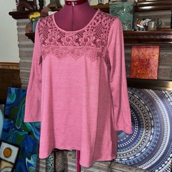 Status by Chenault Dusty Rose Pink Top Waffle Knit Crochet Lace Inset Size Large - Picture 3 of 8